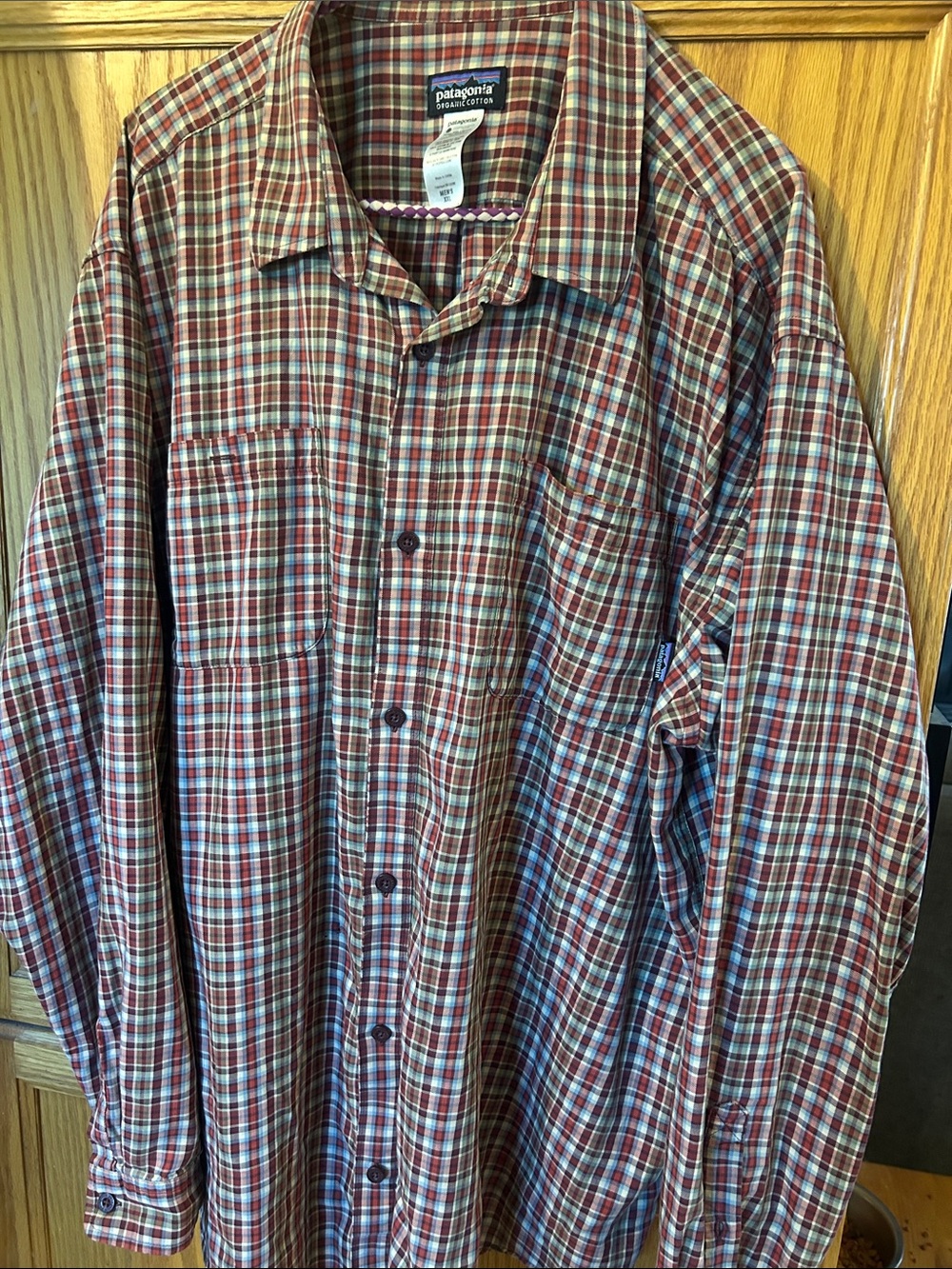 Patagonia Men's Red and Green Plaid Button-Down Shirt